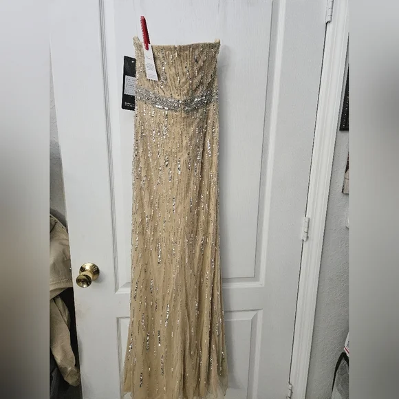 NWT Lara Dresses 29035 Champagne Pearl Strapless Beaded Evening Gown Sz 4 - Picture 8 of 13
